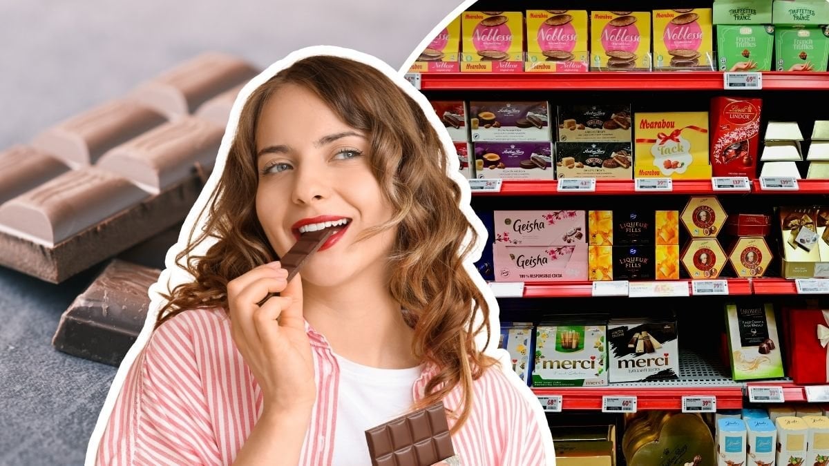 Chokladkaka vänster. Butikshylla med choklad höger. Utklippt kvinna äter choklad i mitten.