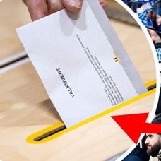 Valsedel som läggs i en låda vänster. IFK Göteborg supportrar på läktare höger.