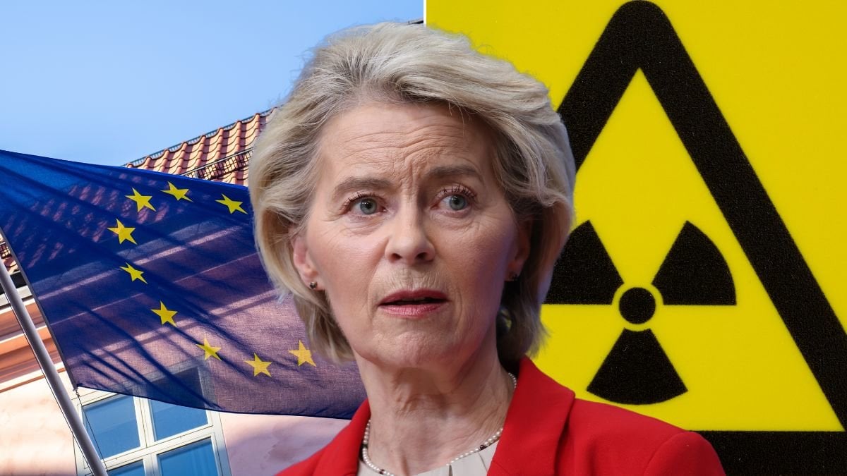 EU-flaggan, kärnkraft-symbol och Ursula von der Leyen.