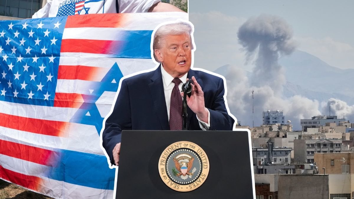 USA och Israels flagga, Donald Trump och en bild efter attackerna mot Iran.