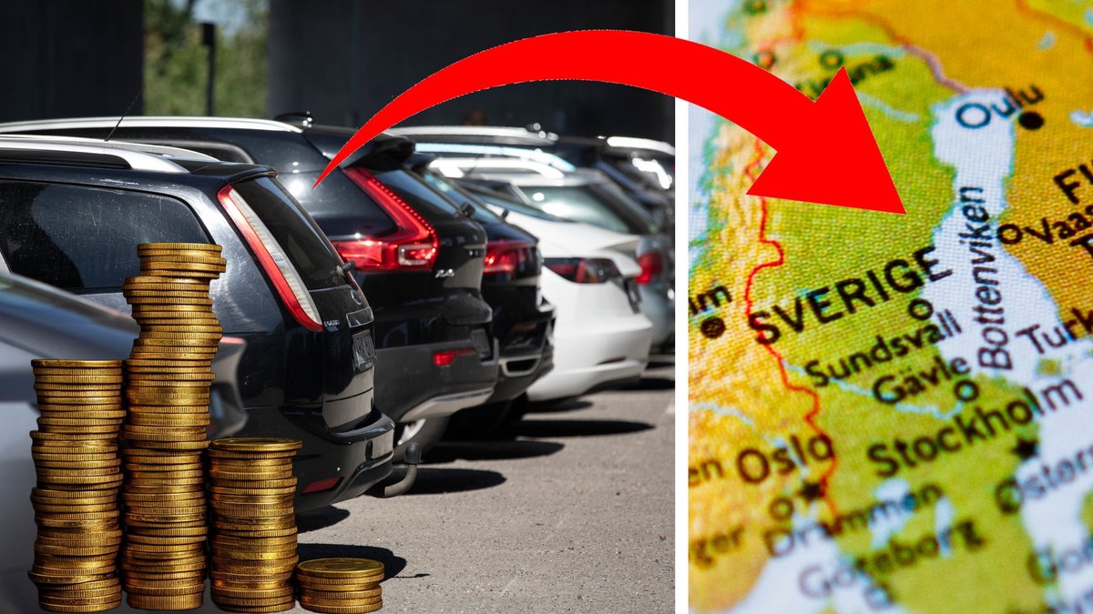 Bilar som står parkerade och en karta över Sverige