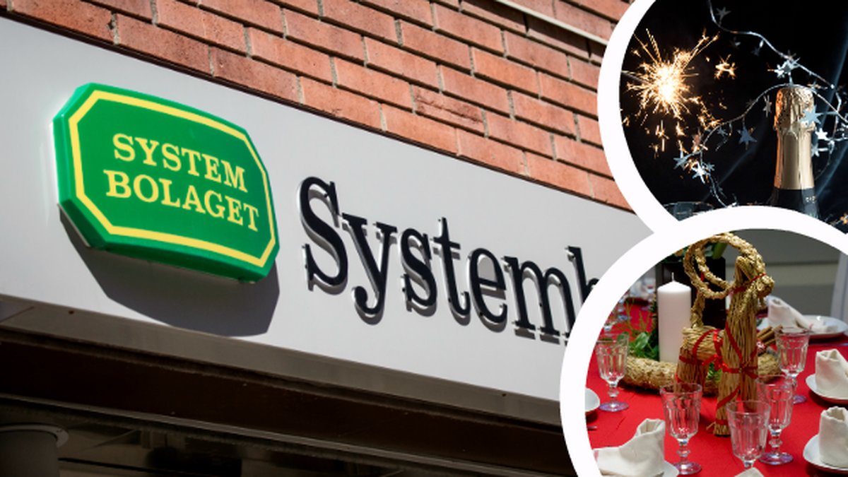 Systembolaget, champagneflaska och tomtebloss, julbock.
