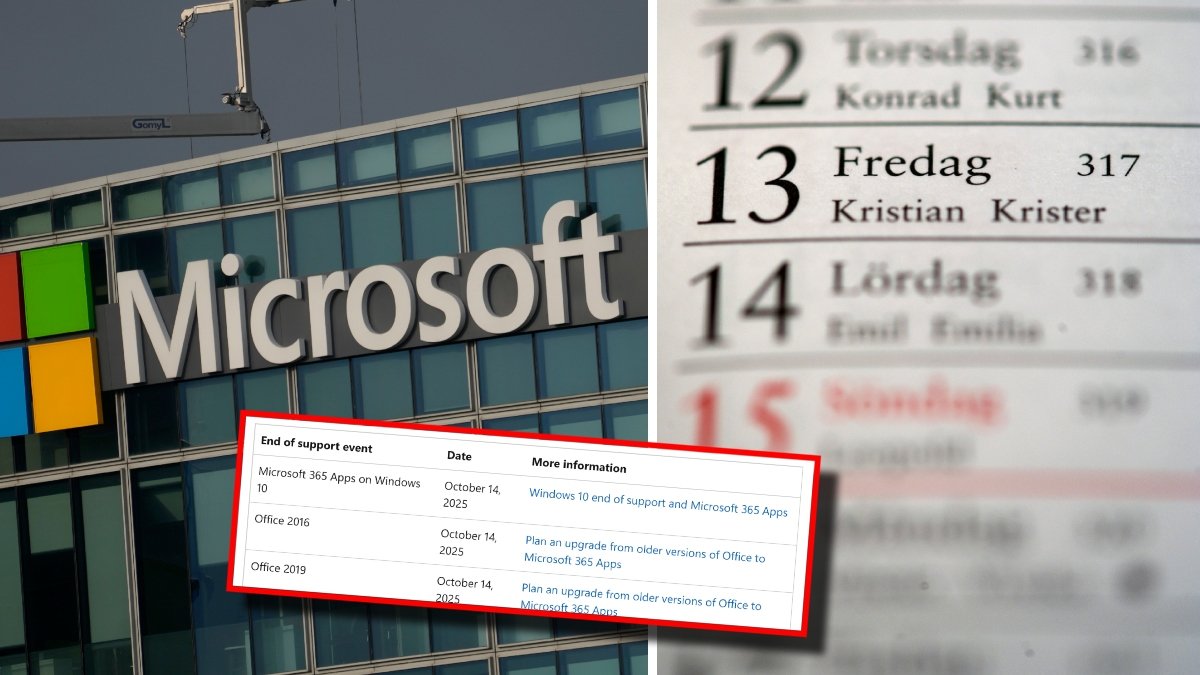 En Microsoft-logotyp på en byggnad och en kalender inzoomad på fredag den 13.