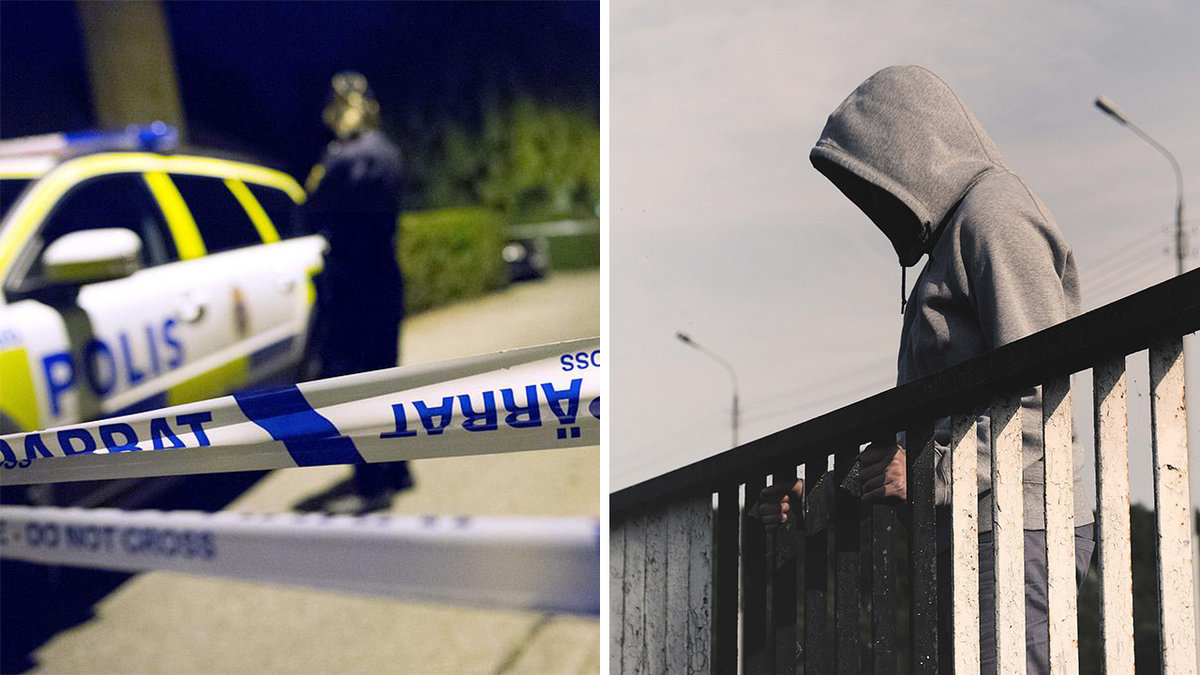 en polisbil och band, en man i grå huva håller i ett staket