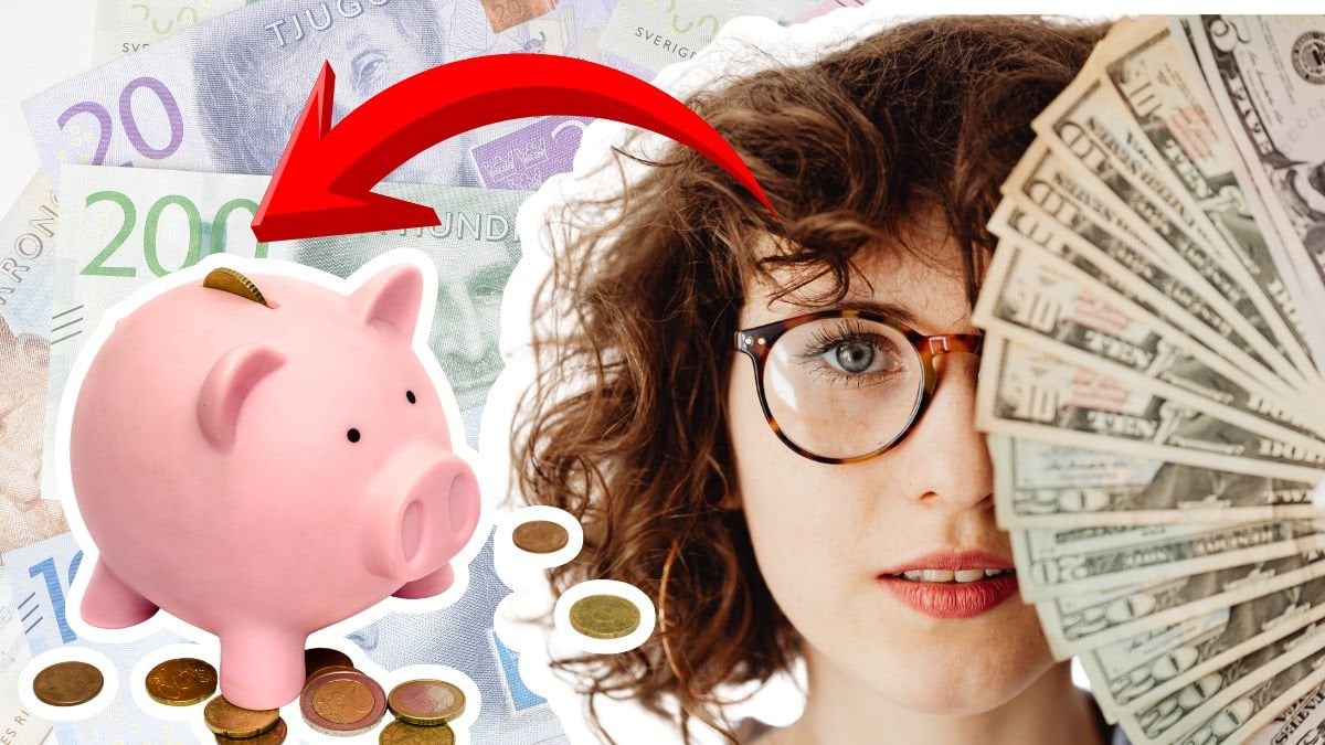 Kontanter bakgrunden. En spargris vänster. Kvinna som håller kontanter höger.