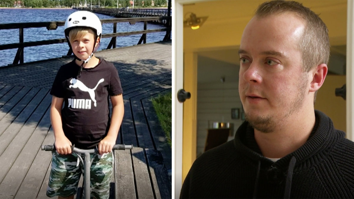 en pojke i en hjälm och sparkcykel,en rakad man i svart tröja