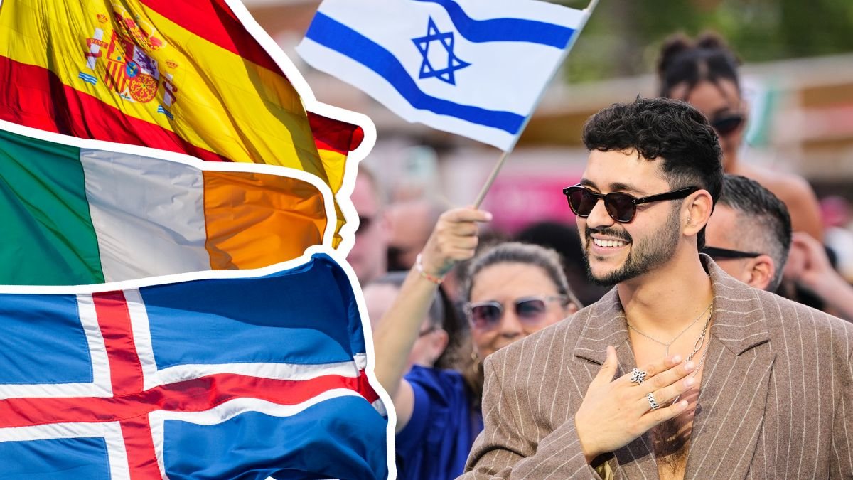 Spaniens flagga, Irlands flagga, Islands flagga och Israels representant i Eurovision Song Contest 2026 Noam Bettan