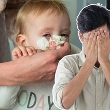 Förälder snyter sitt barn, Försäkringskassans app och en man med ansiktet begravt i händerna.