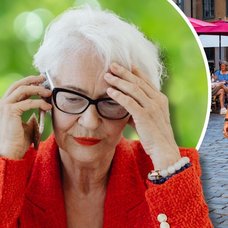Kvinna i telefon och äldre par som går hand i hand