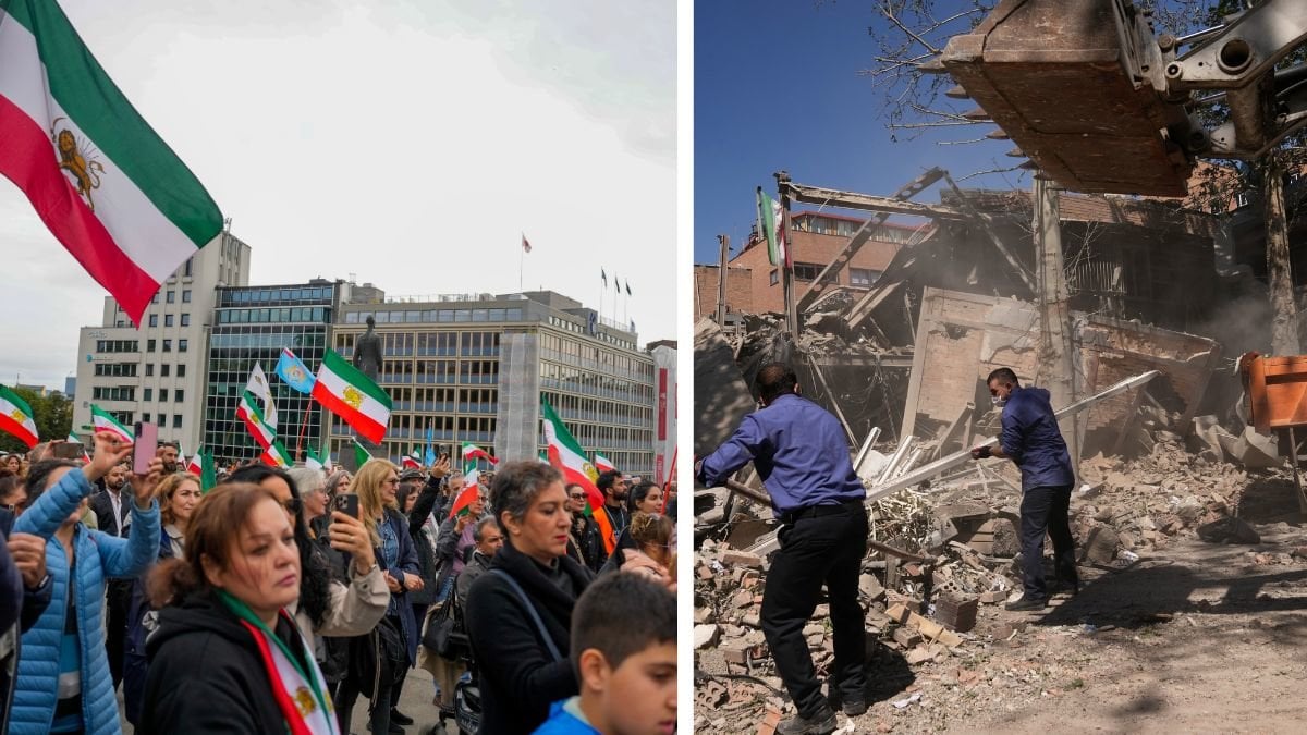 Demostration Iran vänster. Iran ruiner från byggnad höger.