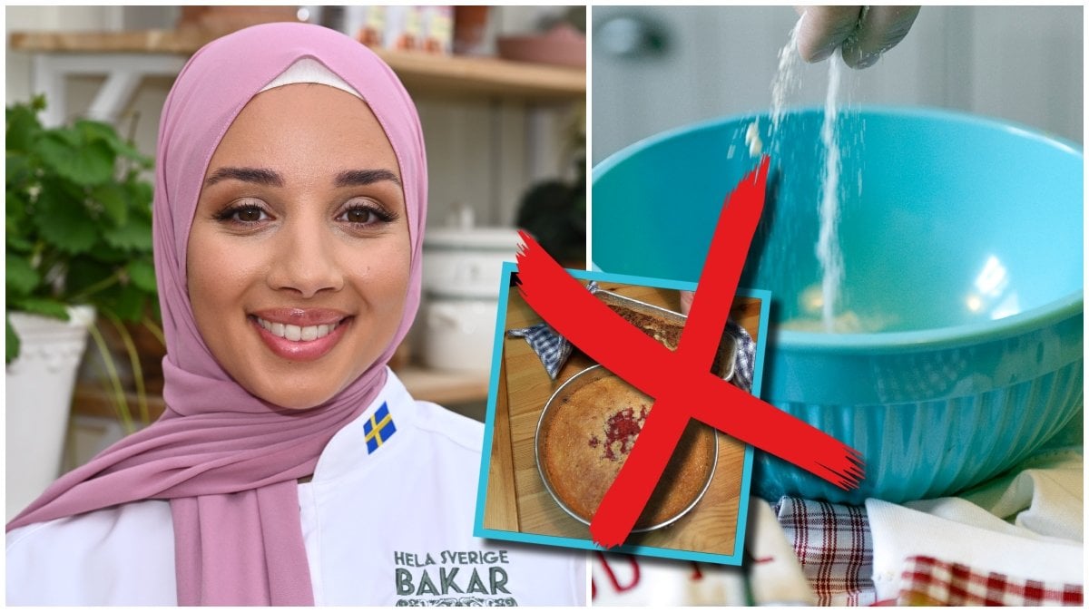Närbild på Camilla Hamid och en blå bunke och bilder på kakor