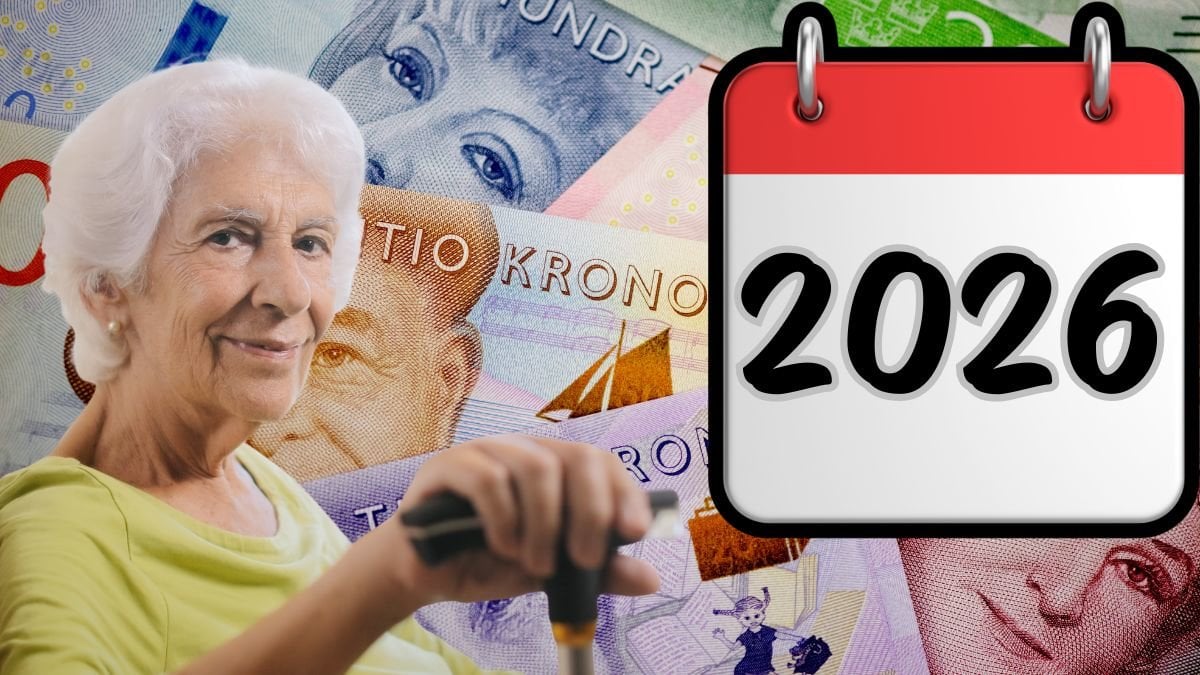 Pengar, kvinna med käpp och kalender.