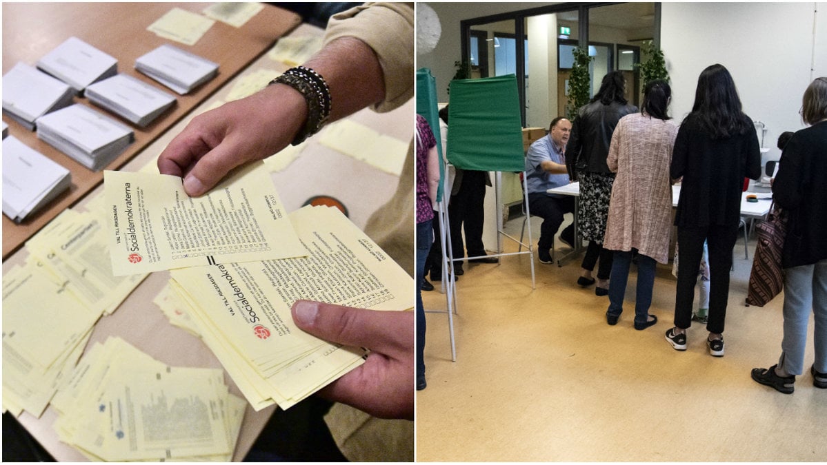 Socialdemokraternas valsedlar, folk som går och röstar.