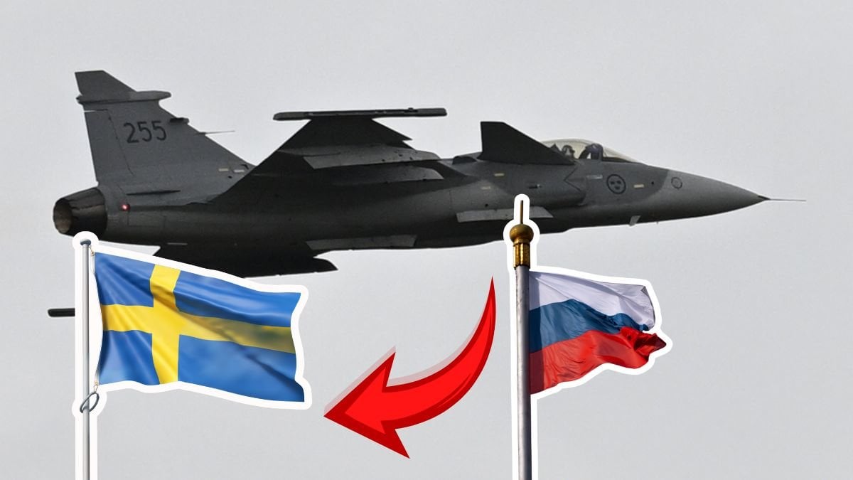 Jas-Gripen i bakgrunden, Sveriges plagga vänster , Rysslands flagga höger.