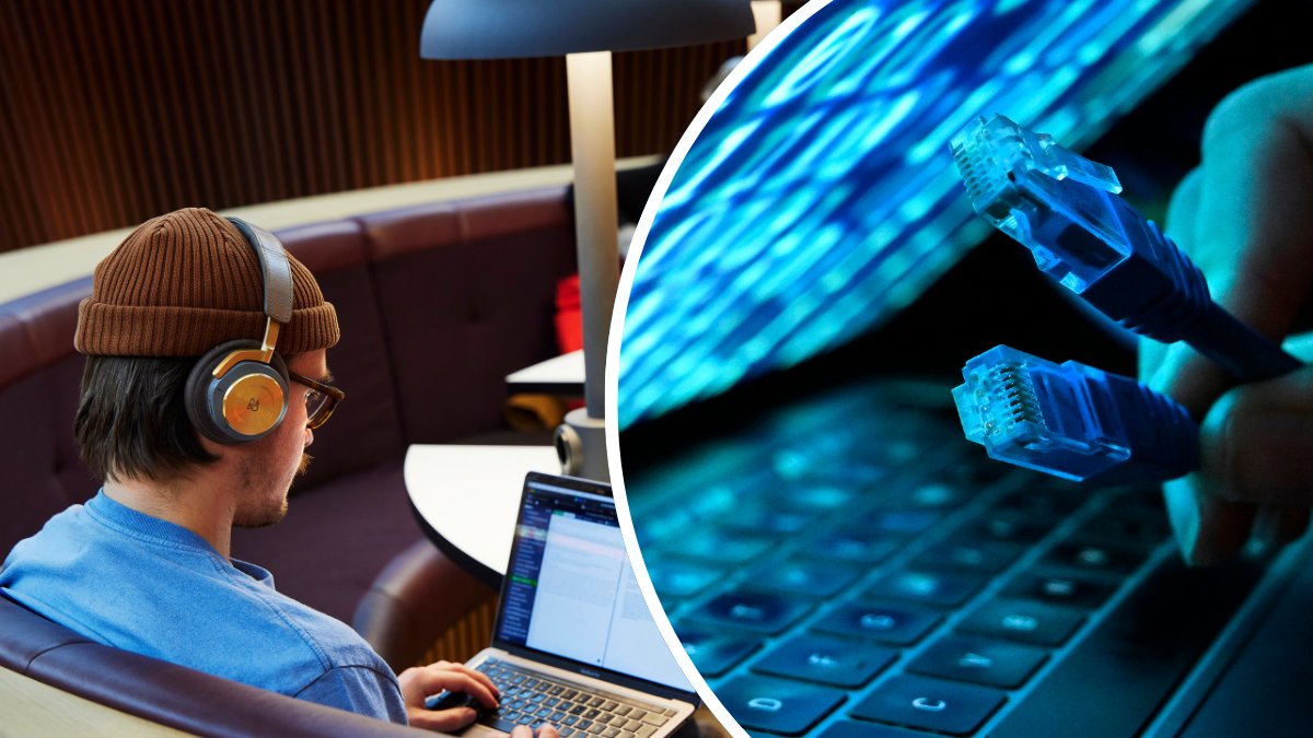 En student som sitter och studerar vid en datorvänster. En dator som har massa siffror på skärmen. Två kablar på tangentbordet vänster.