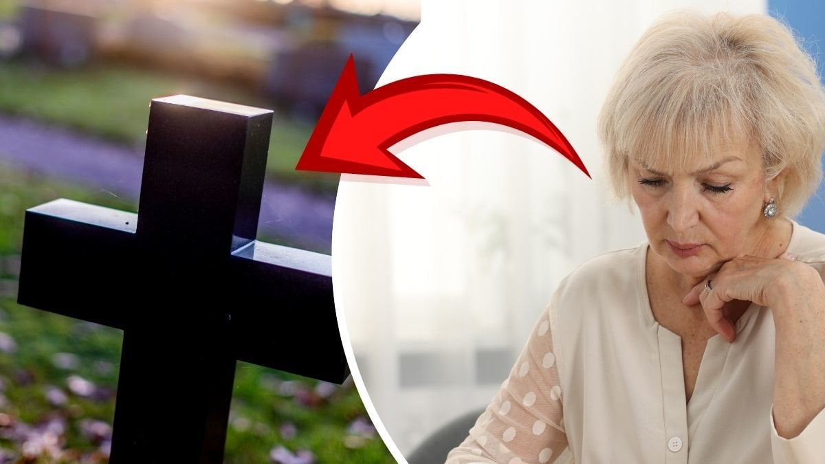 Begravningskors vänster. Äldre dam med ett pappersdokument höger.