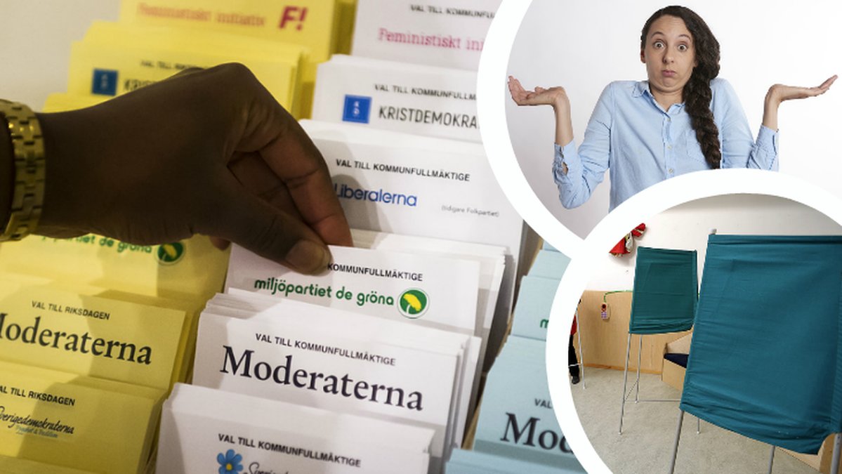 En hand som tar en valsedel. Röstbås. En fundersam kvinna.