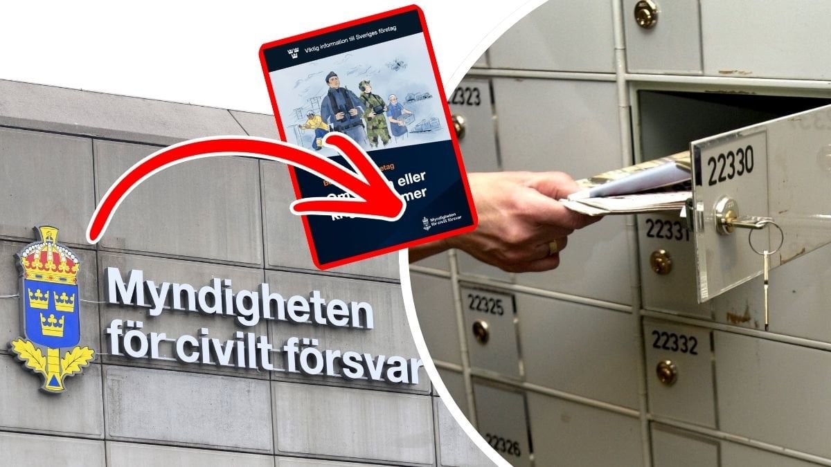 Skylt med loggan för Myndigheten för civilt försvar och någon som tar ut post ur en postbox