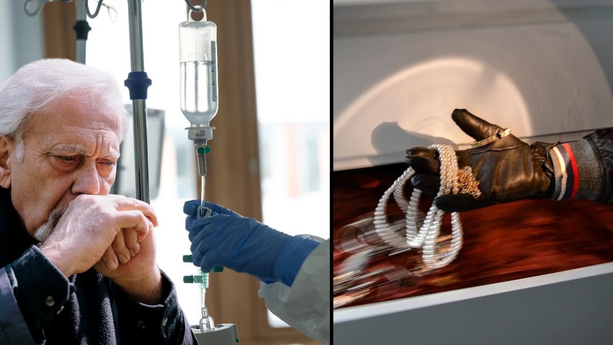 Vård på sjukhus, en tänkande man och en tjuv som stjäl smycken.