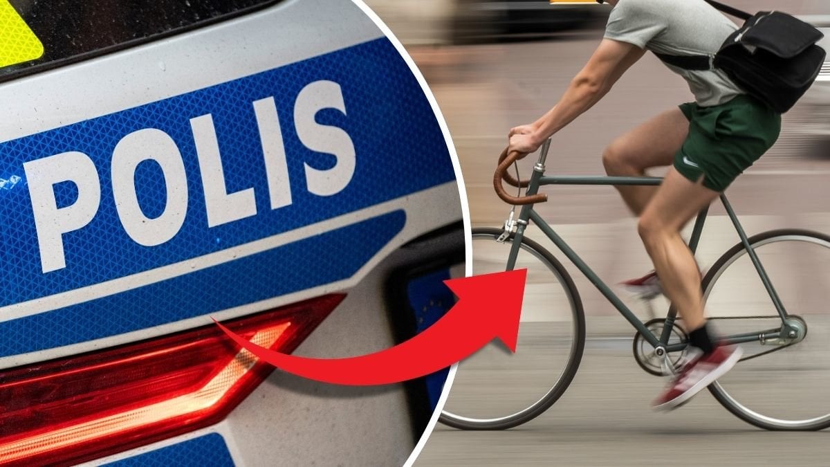 Polisbil till vänster. Cykel till höger.