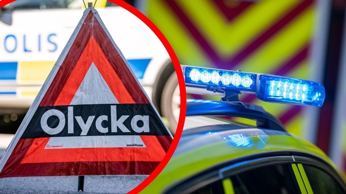 Olycka-skylt vänster- blåljus höger.