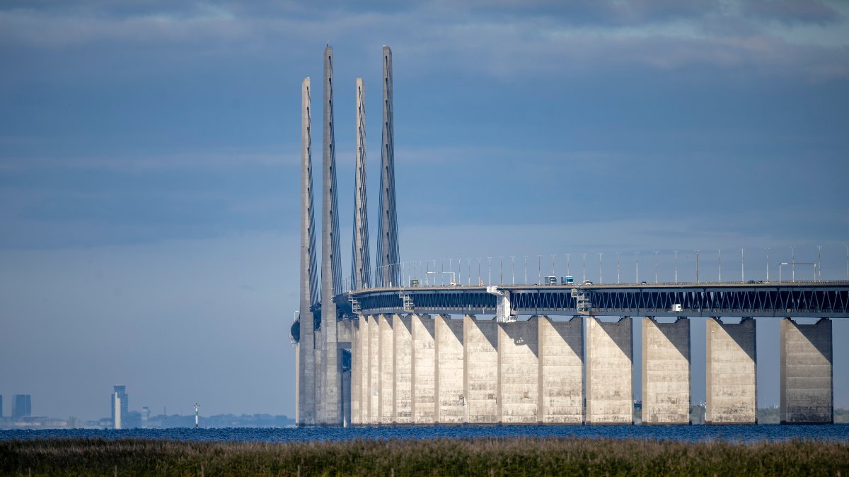 Öresundsbron med strandängarna i Bunkeflo i förgrunden i slutet på september 2025.