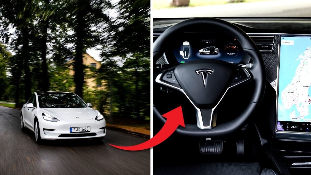 En vit tesla kör på en väg och en ratt i en tesla.