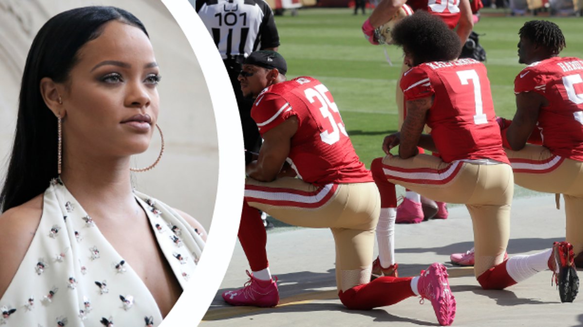 Rihanna. Eric Reid, Colin Kaepernick, Eli Harold knäböjer.