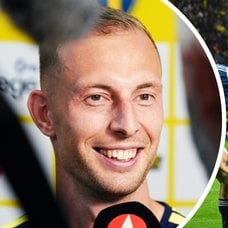 Gustaf Nilsson under en pressträff vänster. Greklands Andreas Ntoi mot Sveriges Gustaf Nilsson under träningslandskampen mellan Grekland och Sverige höger.