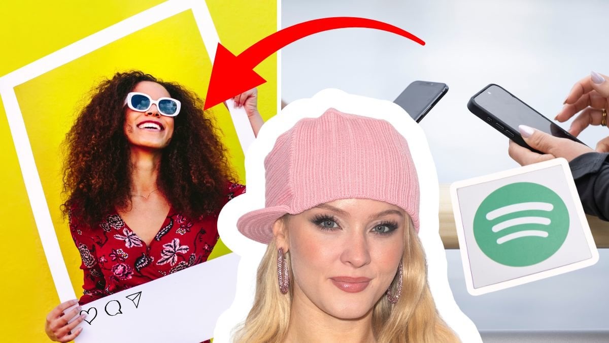Kvinna som håller upp en mall av ett Instagraminlägg till vänster. Två händer håller i varsin mobil till höger. Zara Larsson utklippt i mitten, Spotify:s logga utklippt till höger. En röd pil pekar på kvinnan med Instagram-mallen.