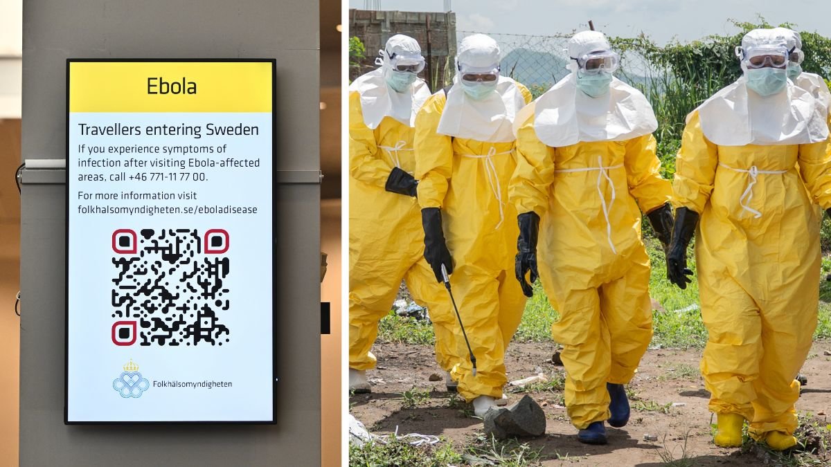 Ebola skylt på Arlanda och eboladräkter.