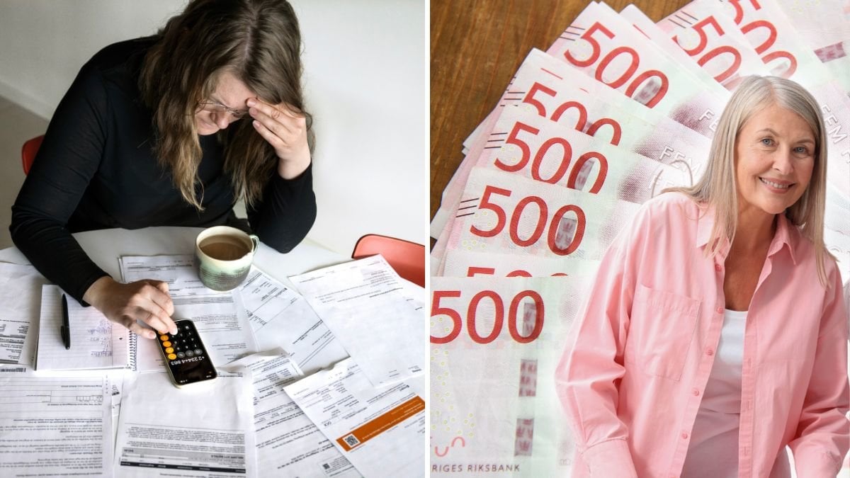 Kvinna med räkningar, pengar och kvinna som står upp.