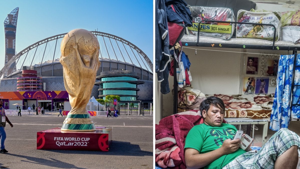 En gigantisk replica av VM-bucklan utanför Khalifa International Stadium, en av åtta VM-arenor.
