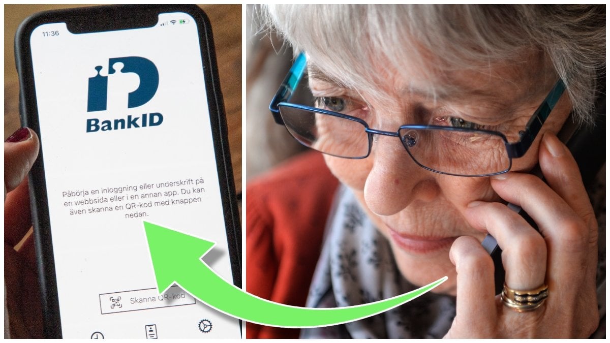 BankID-appen i en mobil och en kvinna som pratar i mobiltelefon