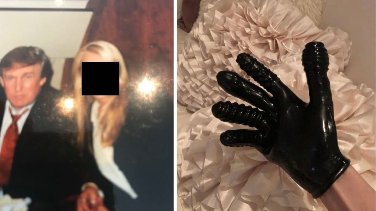 Donald trump till vänster. Latexhandske till höger.