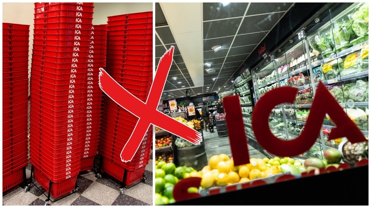 Kundkorgar på Ica och en frukt- och gröntavdelning på en Ica-butik