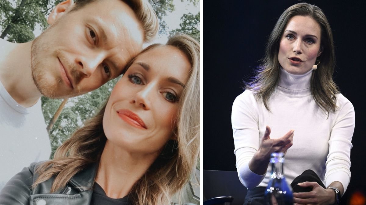 Till vänster finns en selfie på Sanna Marin och exmaken Markus Räikkönen. Sanna Marin till höger i polotröja.