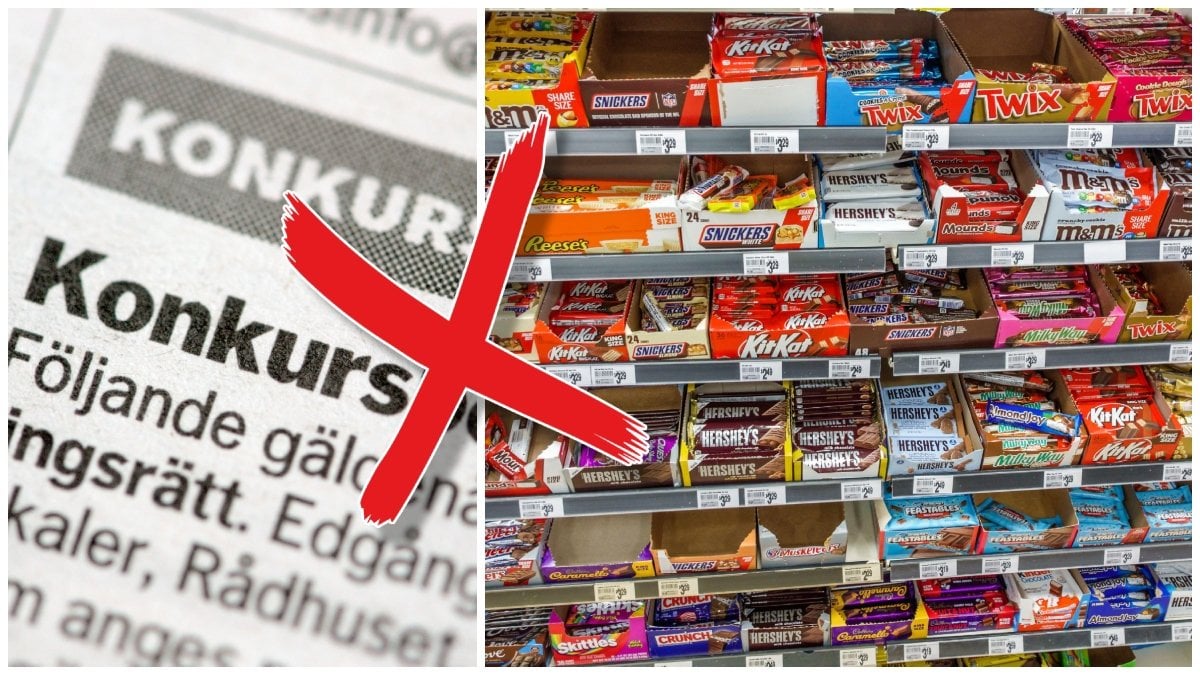 Konkursbeslut i tidning och hyllor med amerikanskt godis