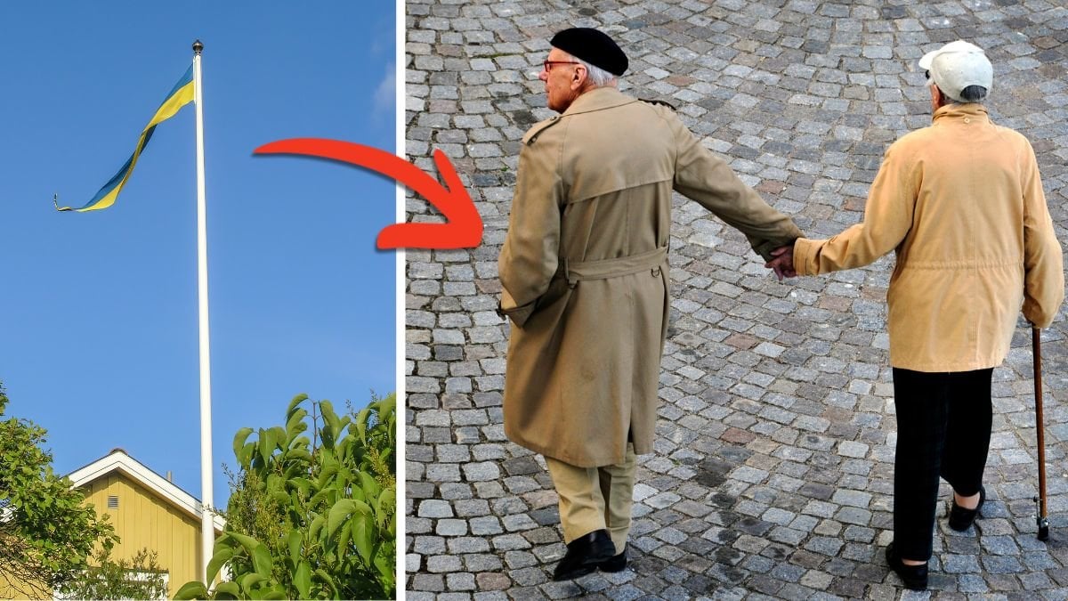 Sverigeflagga och äldre par.