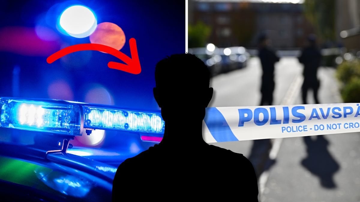 Blåljus vänster, manlig siluett i mitten. Avspärrningstejp till höger. 