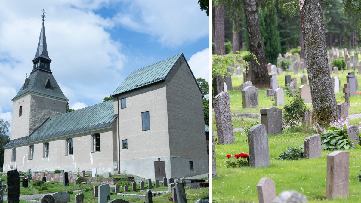 Bilder på en kyrka och kyrkogård.