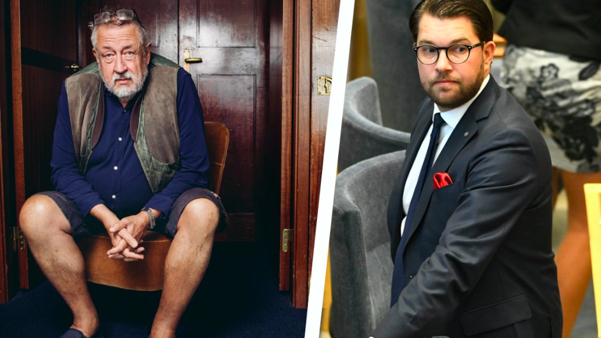 Leif GW Persson sitter i en stol, till höger en bild på Jimmie Åkesson i riksdagen. Montage. 