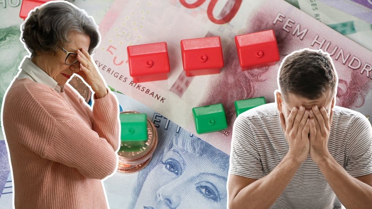 Pengar, uppgiven kvinna och ledsen man.