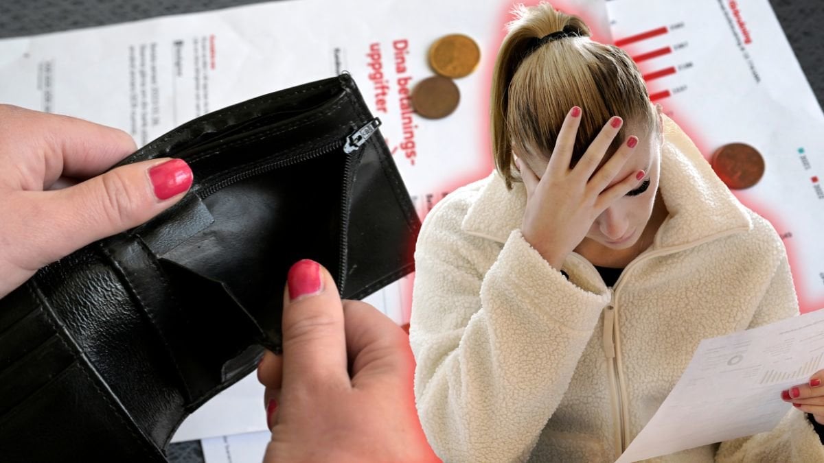Elräkning, plånbok och en kvinna som har handen i pannan.