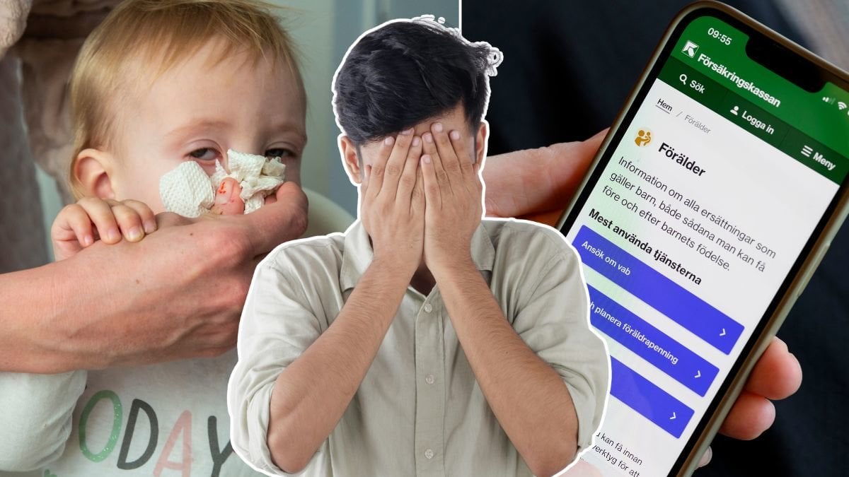 Förälder snyter sitt barn, Försäkringskassans app och en man med ansiktet begravt i händerna.