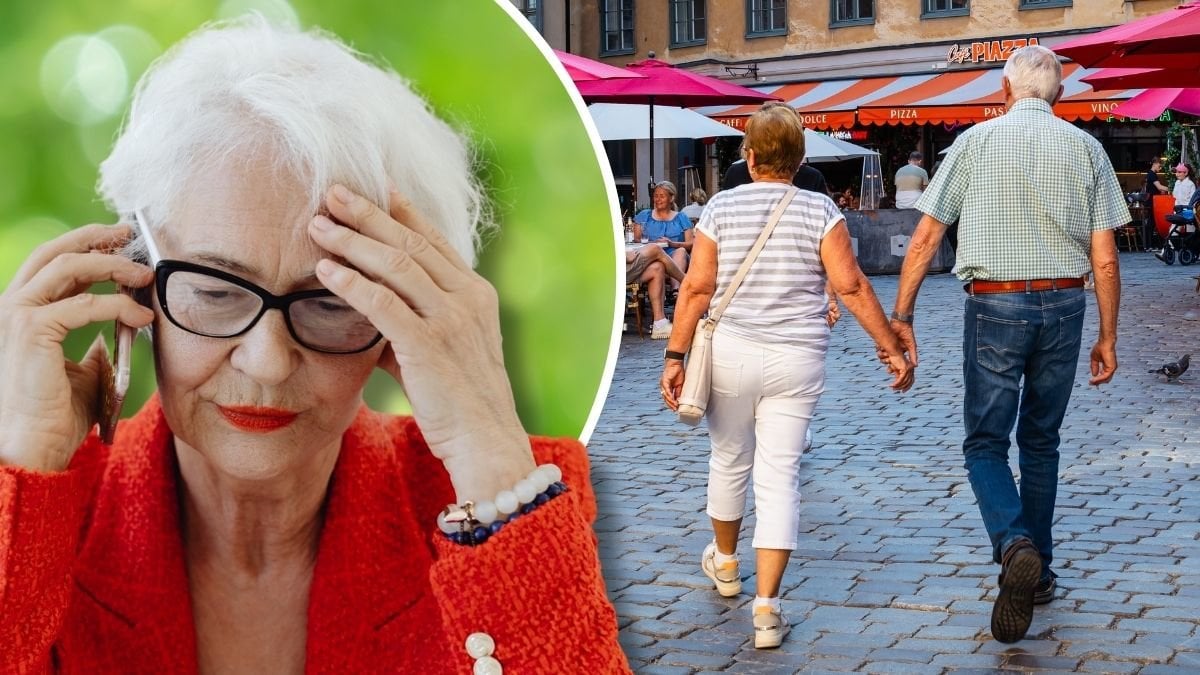 Kvinna i telefon och äldre par som går hand i hand