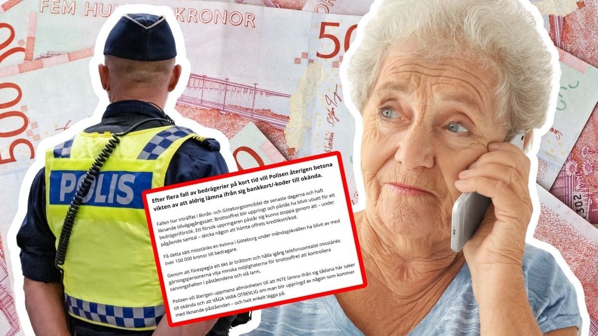 En svensk polis, svenska sedlar och en kvinna som pratar i telefon