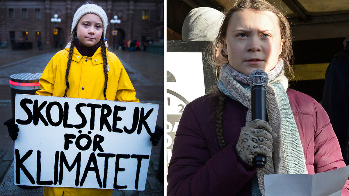 Flicka i gul jacka håller i en skylt, flicka i en röd jacka talar i mikrofon