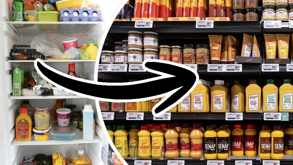 Öppet kylskåp med mat och senap på en butikshylla