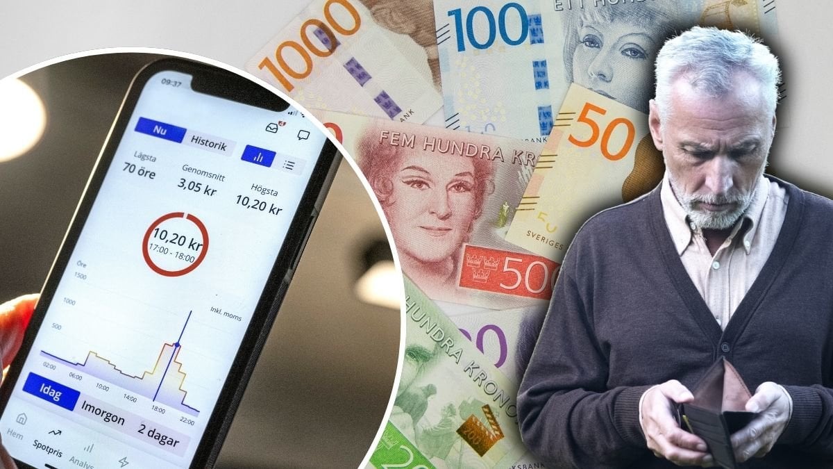 Elpris-app, man med tom plånbok och pengar i bakgrunden. 